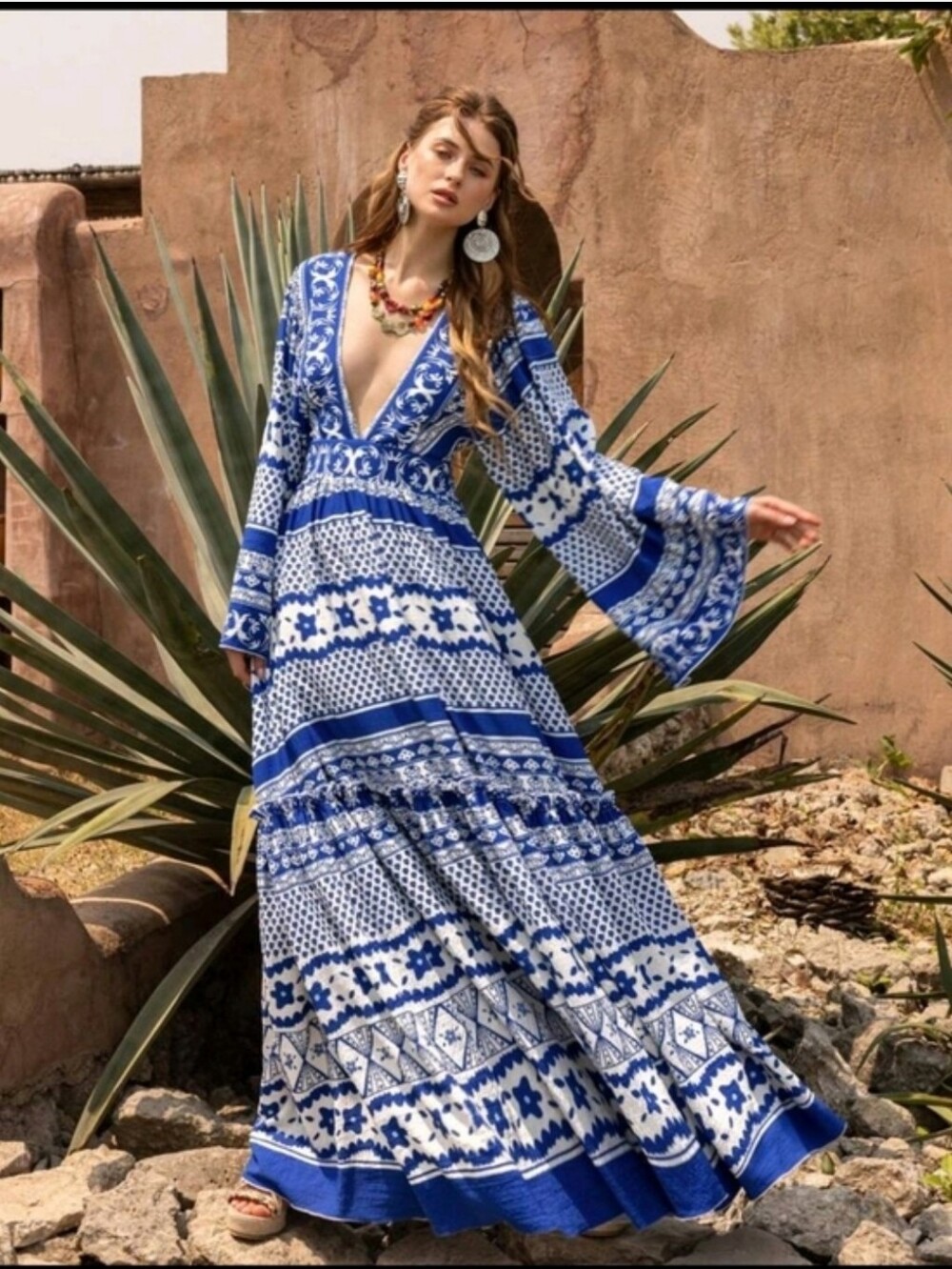 Boho Blue & White Floral Maxi Dress - Deep V Long Sleeve